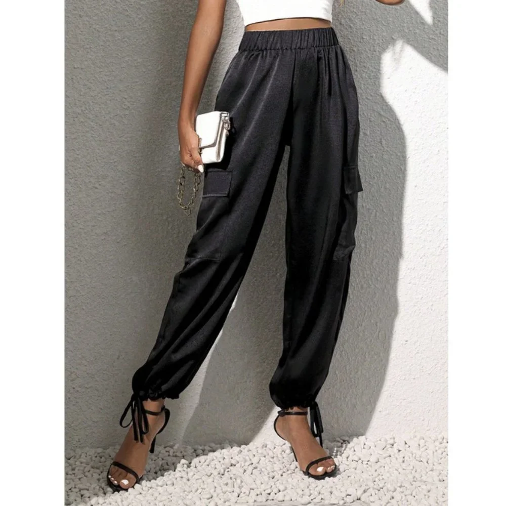 Luxe Look Satin Pocketed Joggers - Black - Picture 3 of 6